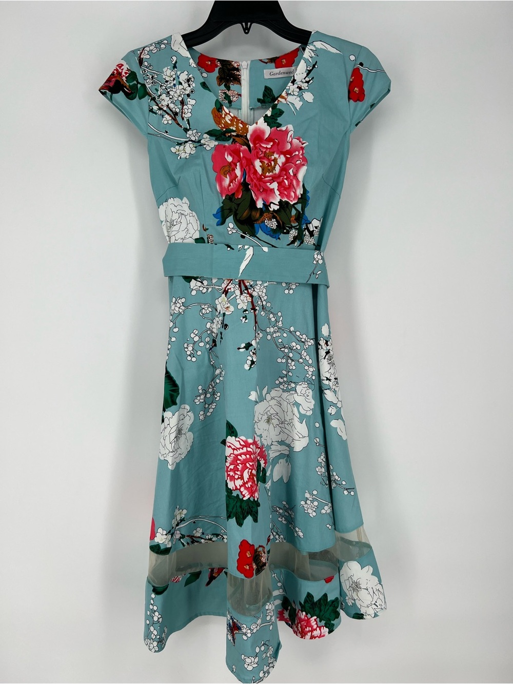 Teal Floral Fit-and-Flare Garden Tea Party Dress